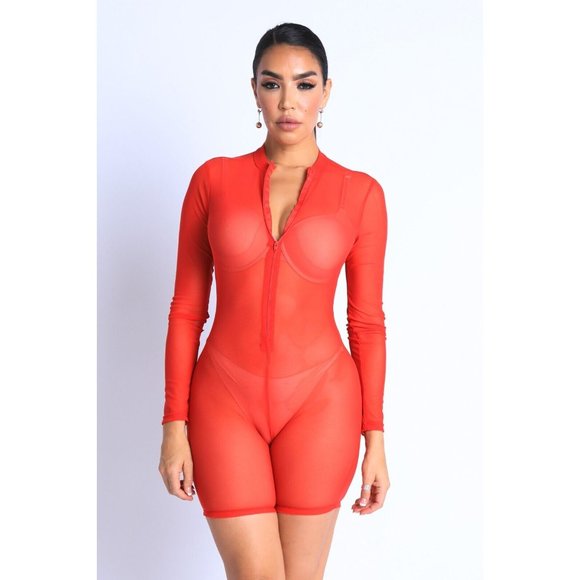 Women Sexy See Through Sheer Mesh Zip Up Bodysuit Jumpsuit Club Party Romper - Picture 3 of 10